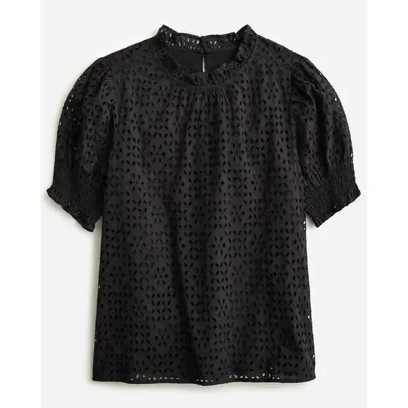 J.CREW Black Eyelet Smocked Short Sleeve Blouse Top Size xxs Ruffle 100% Cotton - Picture 7 of 7